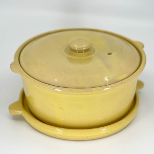 Complete #200-201 casserole set with trivet in an early yellow glaze.