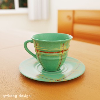 Pacific Pottery Hostessware Decorated BG Cup and Saucer Green