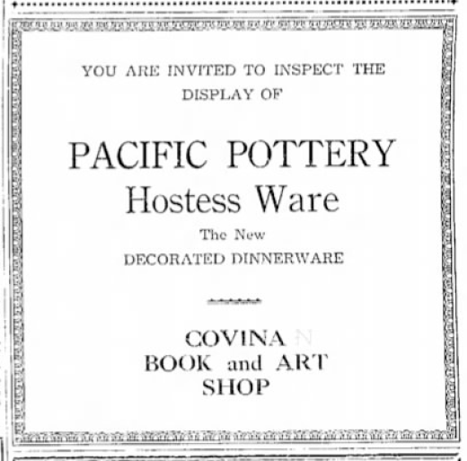 Pacific Pottery Decorated Hostessware Advertising Covina 1934