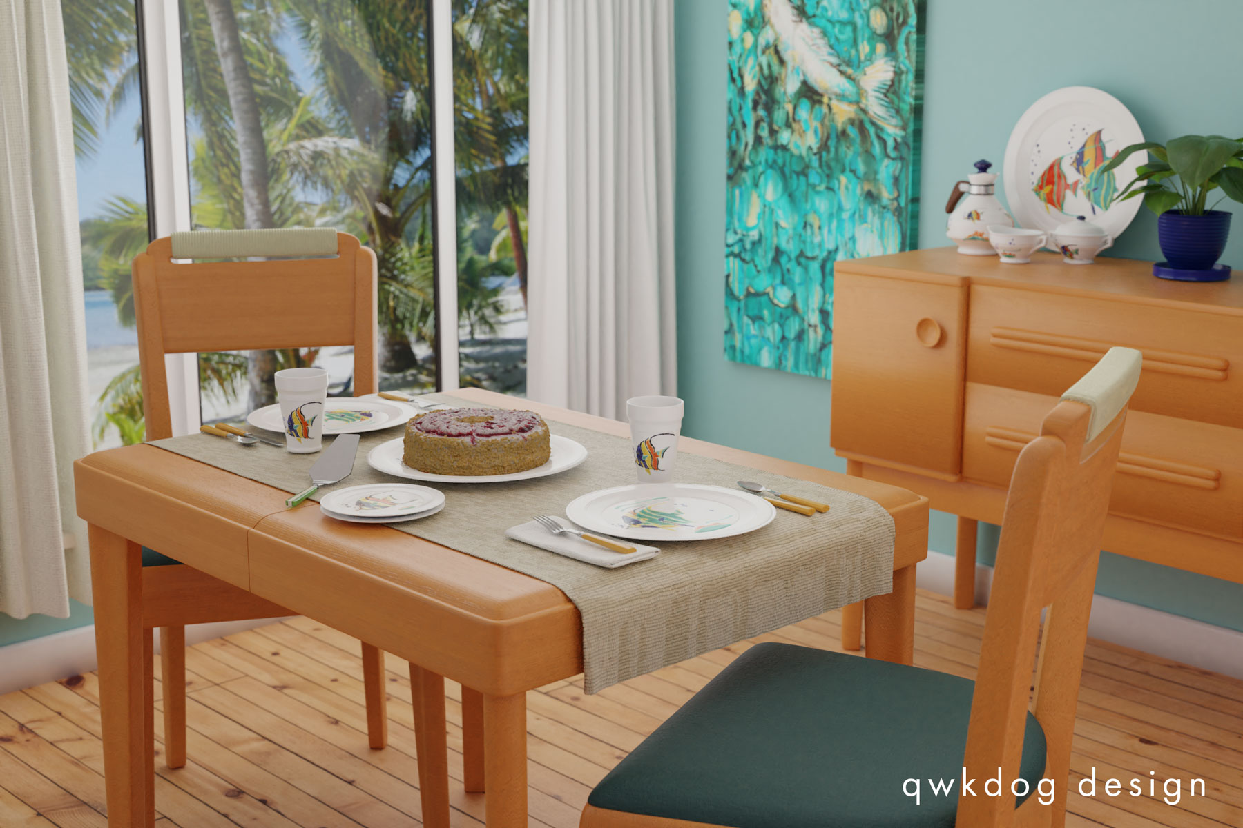 QwkDog 3D Vernon Kilns Harry Bird Tropical Fish Scene Table