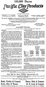 Pacific Clay Stock Offering 1926