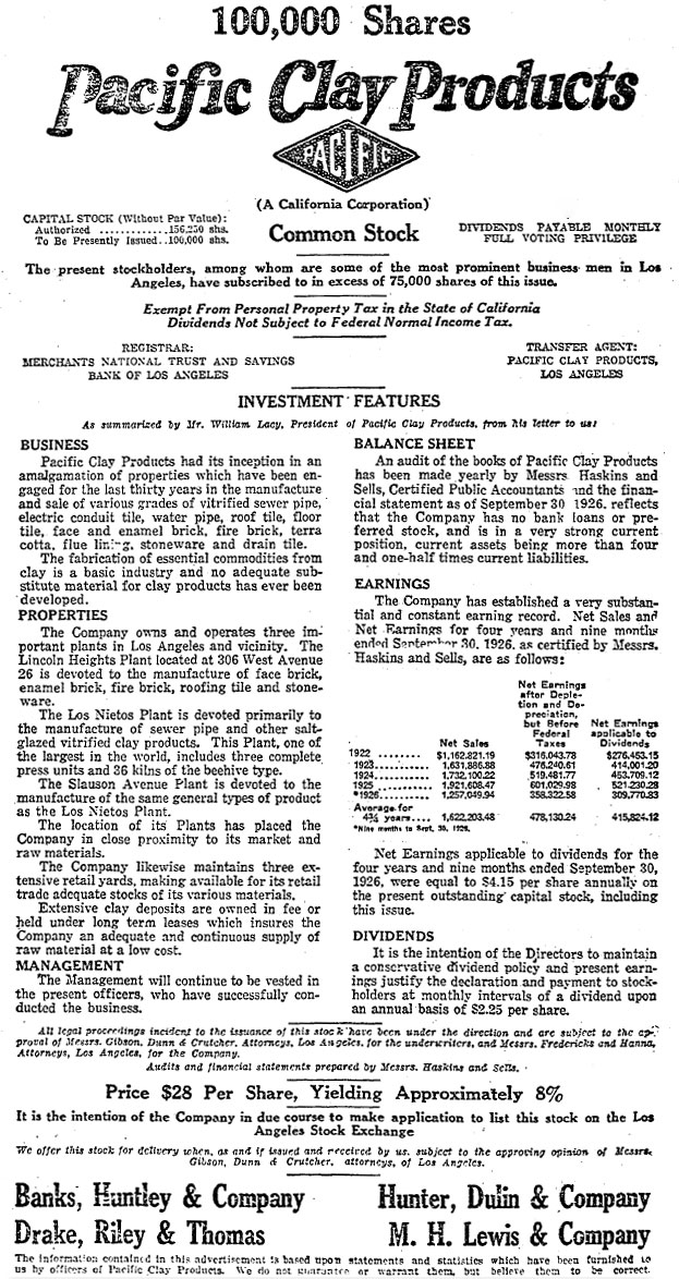 Pacific Clay Stock Offering 1926