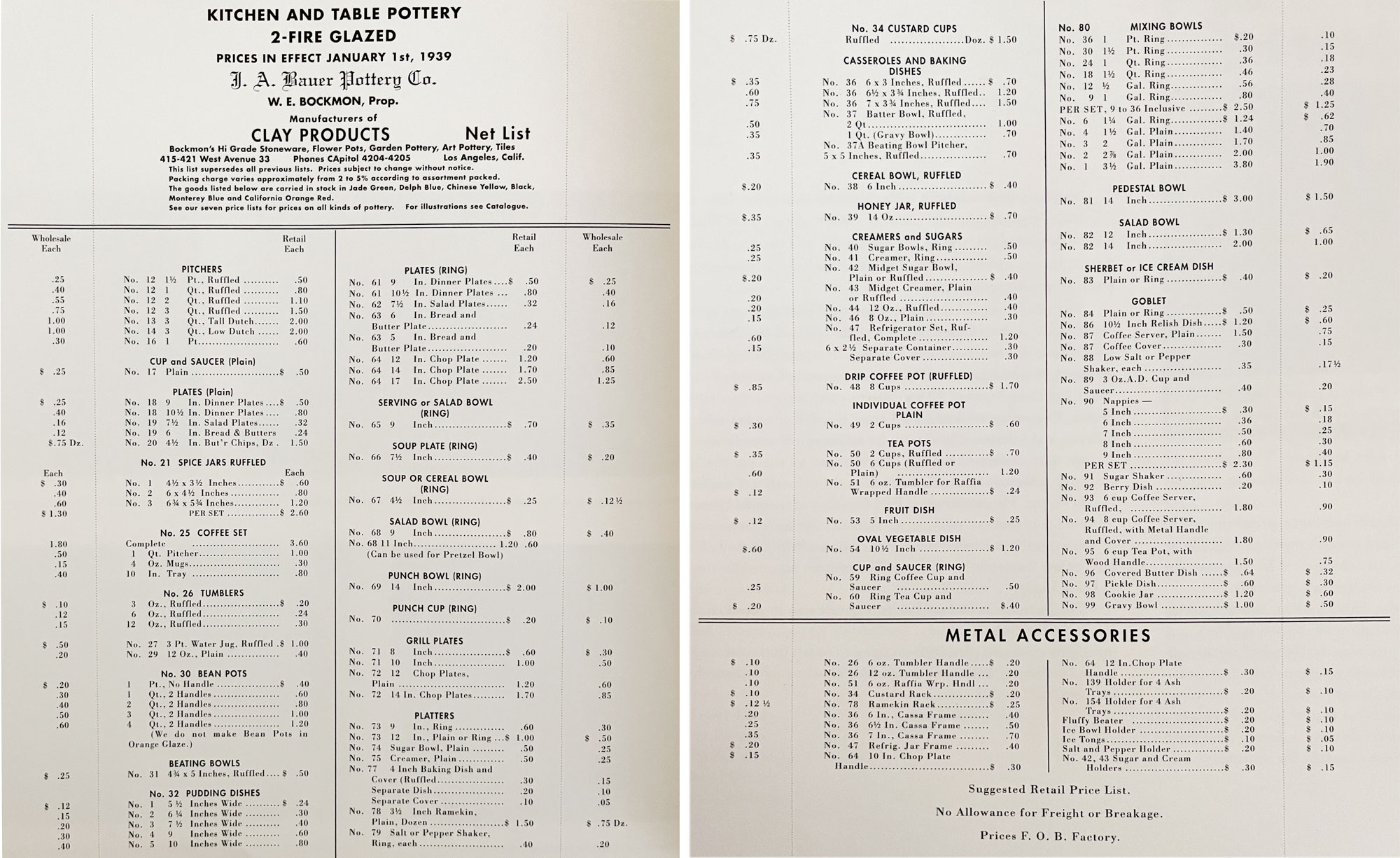 Bauer Pottery Price List 1939
